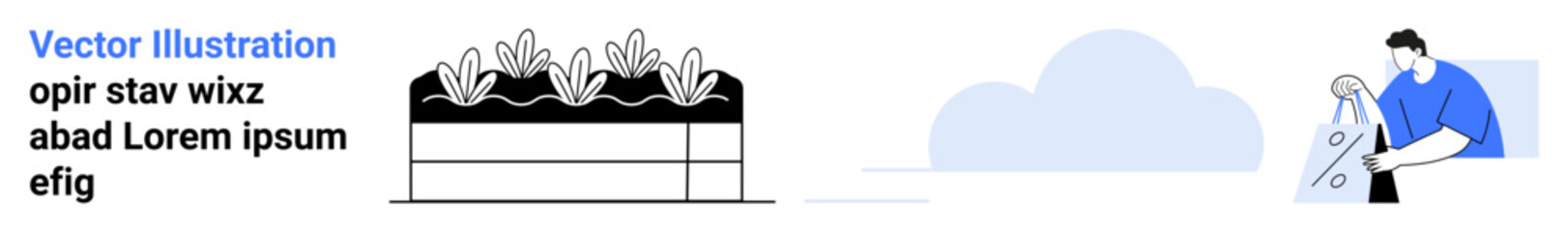 Raised bed with growing vegetables, cloud in background, man holding clothes. Ideal for gardening, agriculture, fashion design, manual labor, outdoor activities, sustainability garment industry