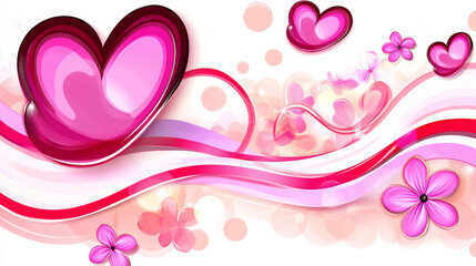 Pink hearts and flowers Valentine on white background