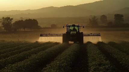 Fototapeta premium Tractor spraying crops at sunset. (1)
