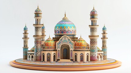Colorful ornate mosque model on white.