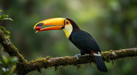 Obraz premium Colorful Toucan Bird Eating Berry on Mossy Branch in Rainforest