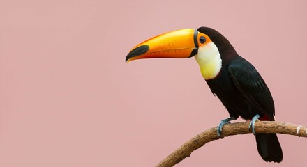 Obraz premium Colorful Toucan Bird on Branch Pink Background Wildlife Photography