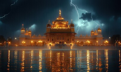 Obraz premium Golden temple, stormy night, rain, lightning, reflection.