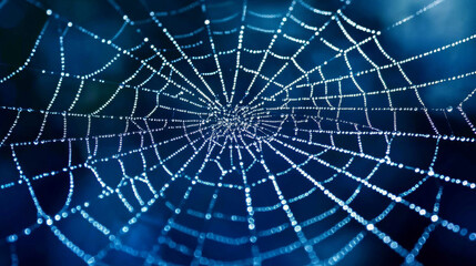 Obraz premium Intricate spider web glistening with dew drops, creating mesmerizing pattern in light. delicate structure showcases nature artistry and beauty