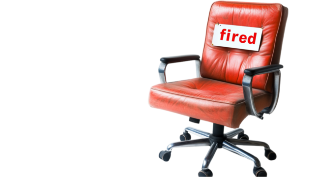 Fired Employee Office Chair, Red Leather, Job Loss old sad end worn retro metal isolated on transparent background