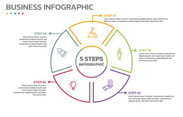 Visual data presentation. Cycle diagram with 5 options. Pie Chart Circle thin line infographic template with 5 steps, options, parts, segments. Business concept. Editable pie chart with sectors.