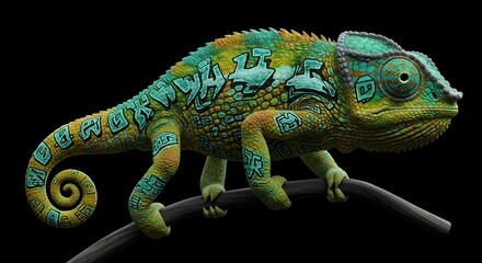 Obraz premium Artistic Chameleon on Branch Reptile Wildlife Nature Green Yellow Scales Animal Lizard Exotic