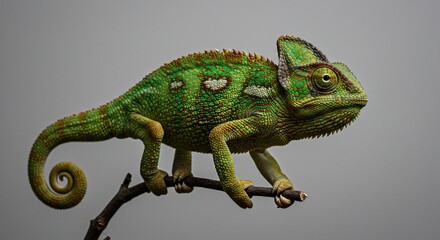 Obraz premium Vibrant Green Chameleon on Branch Reptile Wildlife Closeup