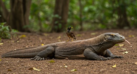 Obraz premium Komodo Dragon with Bird Wildlife Exotic Reptile Indonesia