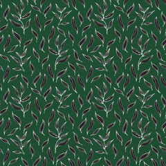 Seamless herbal pattern with stylized leaves. Floral endless green pattern filled with line art twigs. Fresh greenery background, wallpaper, textile print.