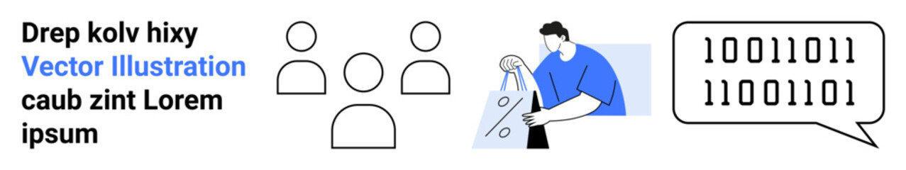 Three outline figures represent teamwork, an individual coding on a computer, and a thought bubble with binary code. Ideal for teamwork, coding, programming, software development, collaboration