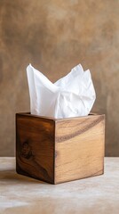 Wooden tissue box with white tissues. (1)