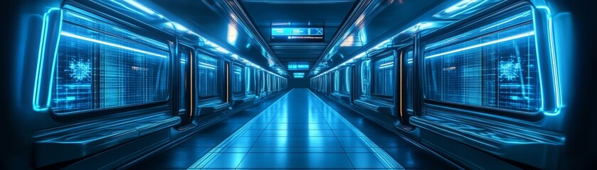 A futuristic corridor illuminated by vibrant blue neon lights, creating a high-tech atmosphere.