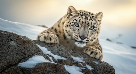 Naklejka premium Majestic Snow Leopard on Rocky Mountain Peak in Winter
