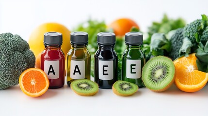 Vitamin bottles A and E with fresh fruits and vegetables.
