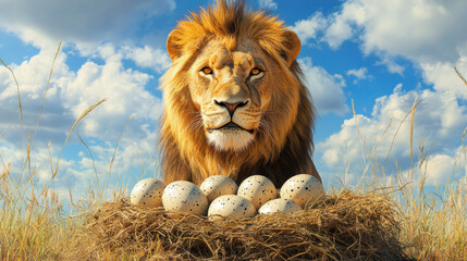 Majestic lion with fierce expression guarding nest of eggs under blue sky. scene captures strength and protectiveness of lion in natural setting
