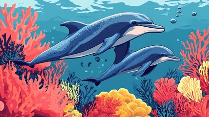 Obraz premium Two dolphins swimming amidst vibrant coral reef.