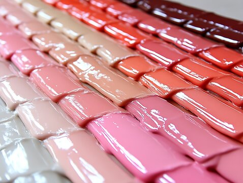 Gradient of glossy paint samples in various shades of pink, orange, and beige.