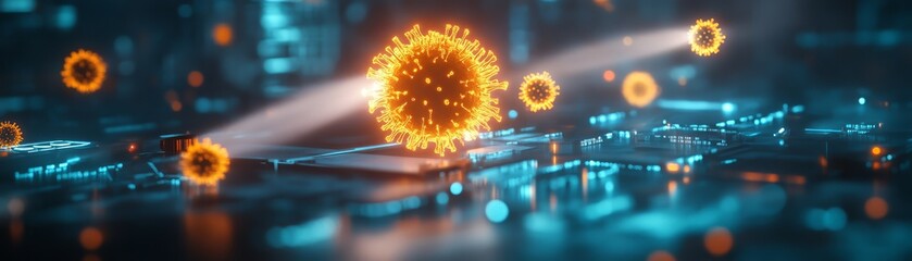 Fototapeta premium A futuristic representation of a digital environment with glowing particles resembling viruses over a circuit board.