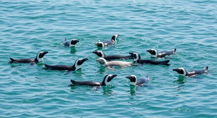 African Penguins Swimming Ocean Wildlife Group Nature Seabirds