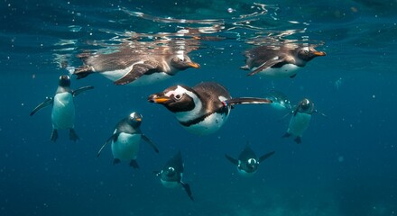 Fototapeta premium Underwater Penguin Colony Swimming Penguins Ocean Wildlife