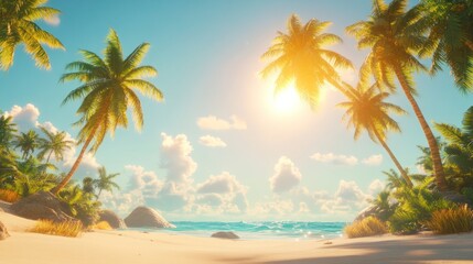 Idyllic tropical beach sunset scene.