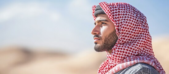 Young man with keffiyeh gazes into the distance, desert background.
