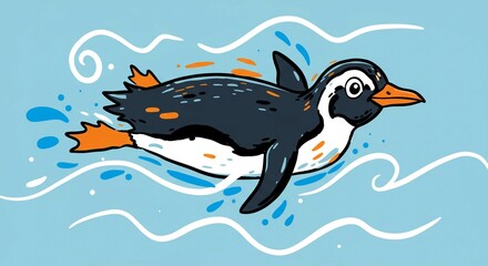 Obraz premium Cute Penguin Swimming in Ocean Waves Cartoon Illustration