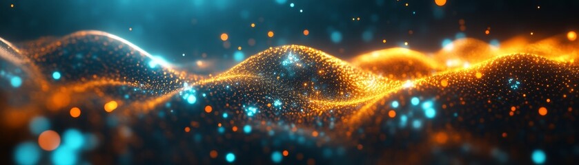 Fototapeta premium A vibrant, abstract landscape of glowing waves and particles in blue and orange hues, evoking a sense of movement and energy.