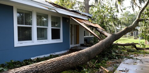 Fallen tree on home - gale aftermath, intense weather, tempest damage, roof renovation, home coverage process, foliage removal, calamity response, dwelling repair, storm clearance, structural fix.