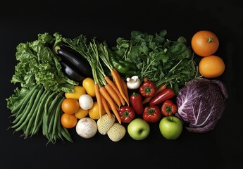 Fresh Organic Vegetables and Fruits Spread on a Dark Background Featuring a Colorful Assortment of Healthy Produce Including Greens, Citrus, and Root Vegetables
