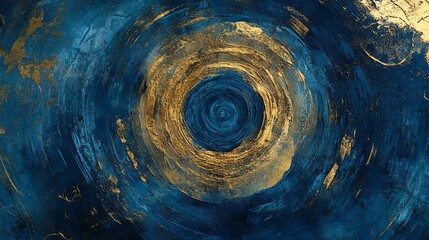 Elegant abstract circular pattern with deep blue and gold hues, showcasing a textured depth and sophisticated, intricate details