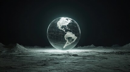 Glowing Earth globe on a dark, desolate landscape.