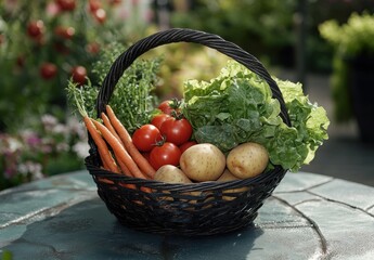 Fresh Organic Vegetables in Woven Basket on Garden Table Surrounded by Vibrant Greenery and Flowers, Perfect for Farm-to-Table and Healthy Eating Themes