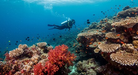Fototapeta premium Underwater Diver Exploring Vibrant Coral Reef Tropical Fish