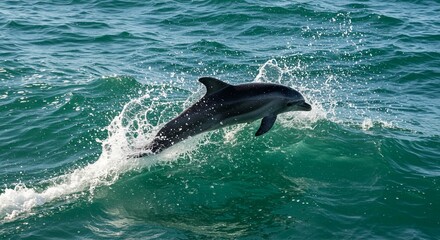 Naklejka premium Dolphin leaping ocean wave marine mammal wildlife aquatic animal