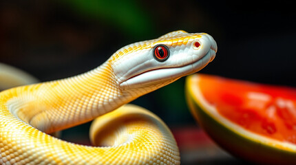 Fototapeta premium Close-up of a pale yellow snake with striking red eyes, posed near a slice of watermelon. A captivating image showcasing intricate details and vibrant colors.