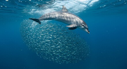 Fototapeta premium Dolphin Hunting School of Fish Underwater Ocean Wildlife