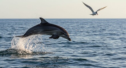 Fototapeta premium Dolphin leaping ocean wave splash bird wildlife marine mammal nature sea animal