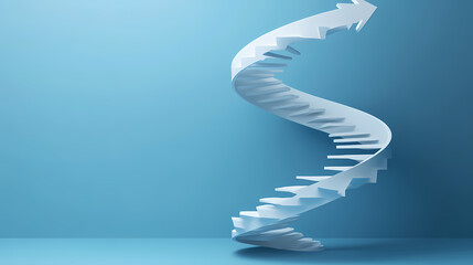 White arrow following the spiral staircase of growth on blue background, 3d arrow climbing up over spiral staircase, 3d stairs with arrow going upward, 3d rendering. Leafveil. Illustration