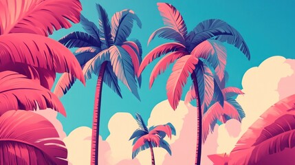 Vibrant pink and blue palm trees against a sunny sky.