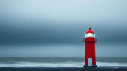 A striking red lighthouse standing against a moody ocean backdrop.