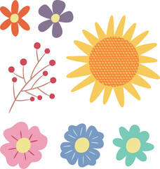 Flower collection with sunflower, leaves, floral bouquets, flower compositions flat design