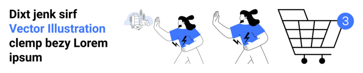 Woman shopping, hand holding item, reacting lightly, large shopping cart with notification badge showing 3 items. Ideal for e-commerce, online shopping, retail, user interface, customer journey