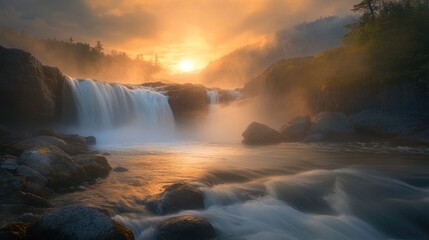 Majestic waterfall at sunrise, misty scene with golden light.