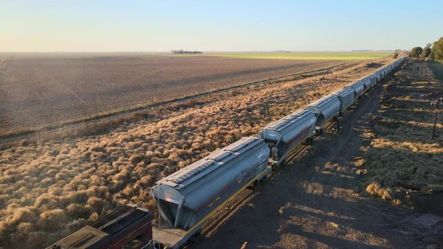 A logistics railway train traverses across the expansive plains of La Pampa, Argentina, carrying agricultural goods and crops destined for global export, aerial view, drone shot.