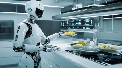 Robot chef in futuristic kitchen preparing food.