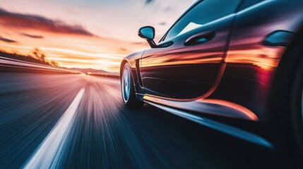 Fast sports car driving on highway at sunset.