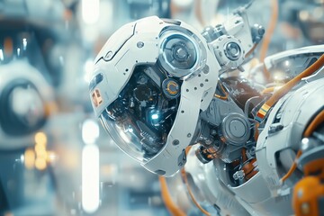 Fototapeta premium Futuristic robot in a high-tech environment, a close-up shot with a blurred background of digital and mechanical elements. - Generative AI