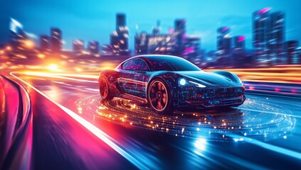 A digital rendering of an electric car on the highway, surrounded by glowing data streams and a holographic cityscape in the background. The vehicle from behind with its LED lights -Generative AI	